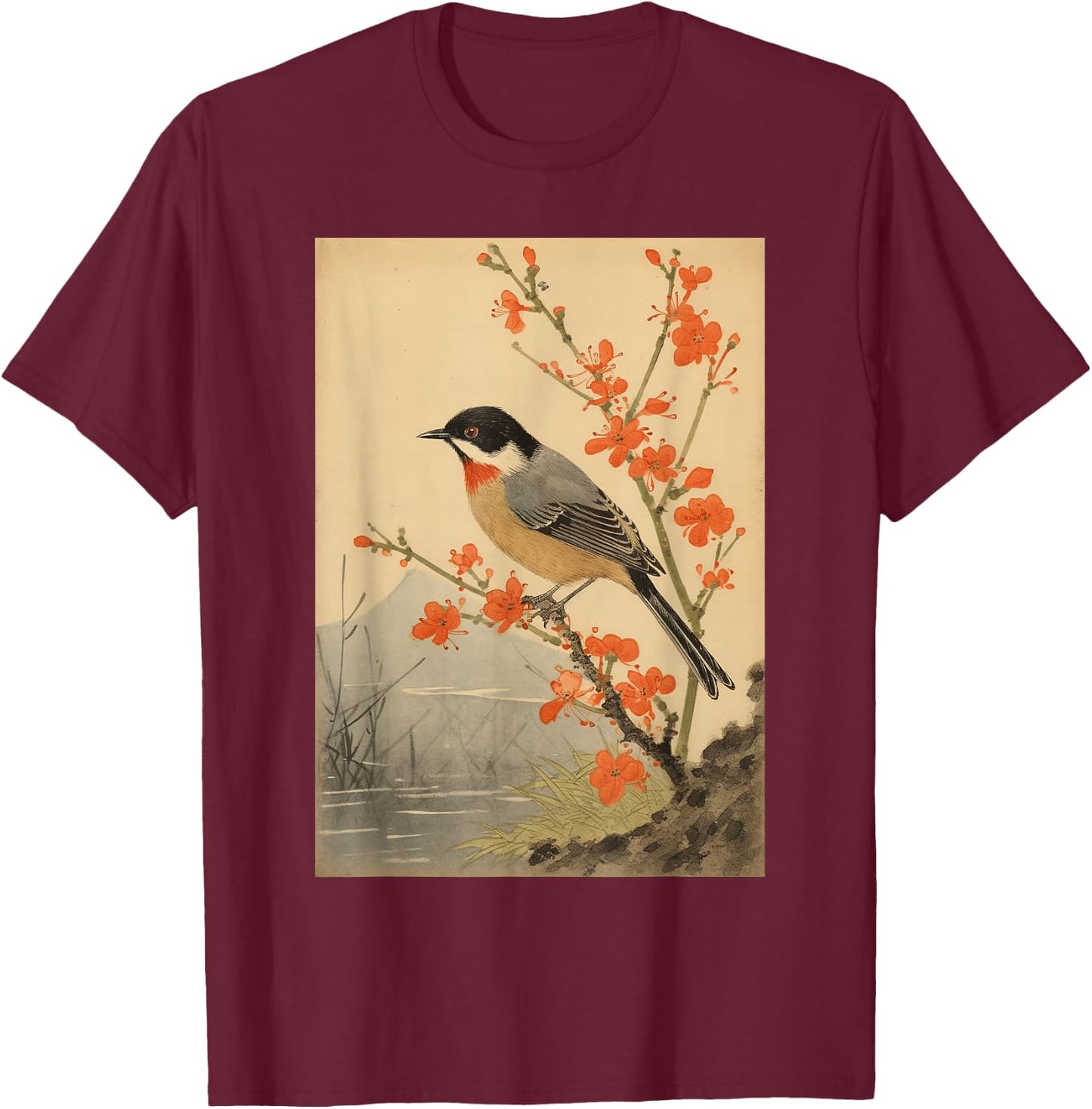 Japanese Woodblock Art - Vintage Songbird Beauty T-Shirt - T-Shirt | Maroon
