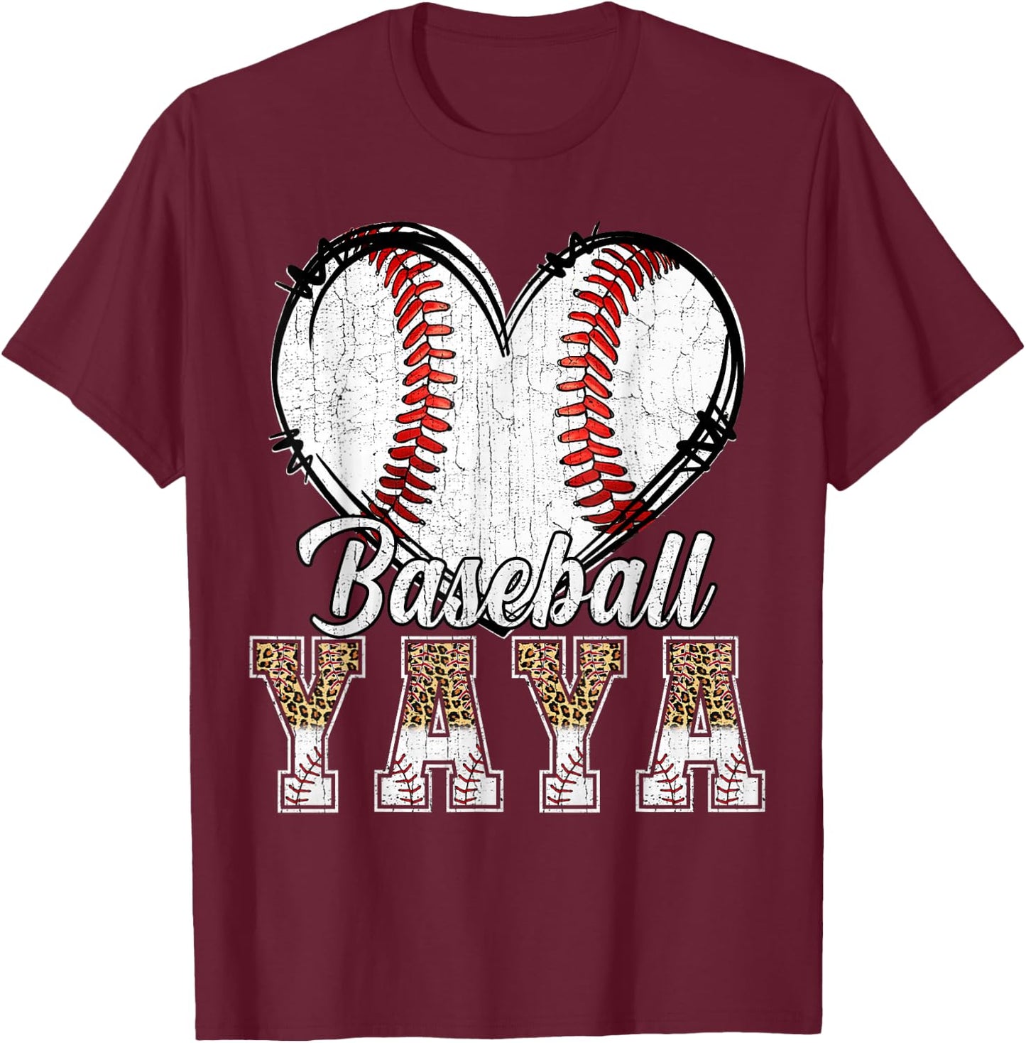 Softball Baseball Yaya Heart Leopard Print Mother's Day T-Shirt - T-Shirt | Maroon