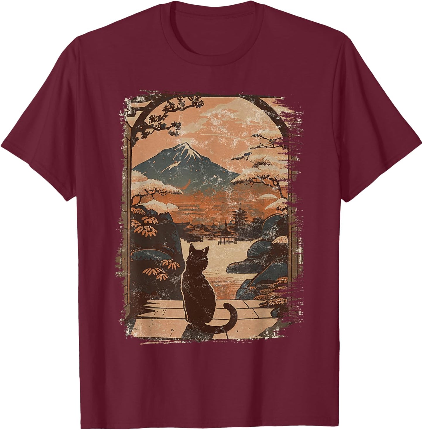 Japanese Cat with Landscape and Mountain T-Shirt - T-Shirt | Maroon