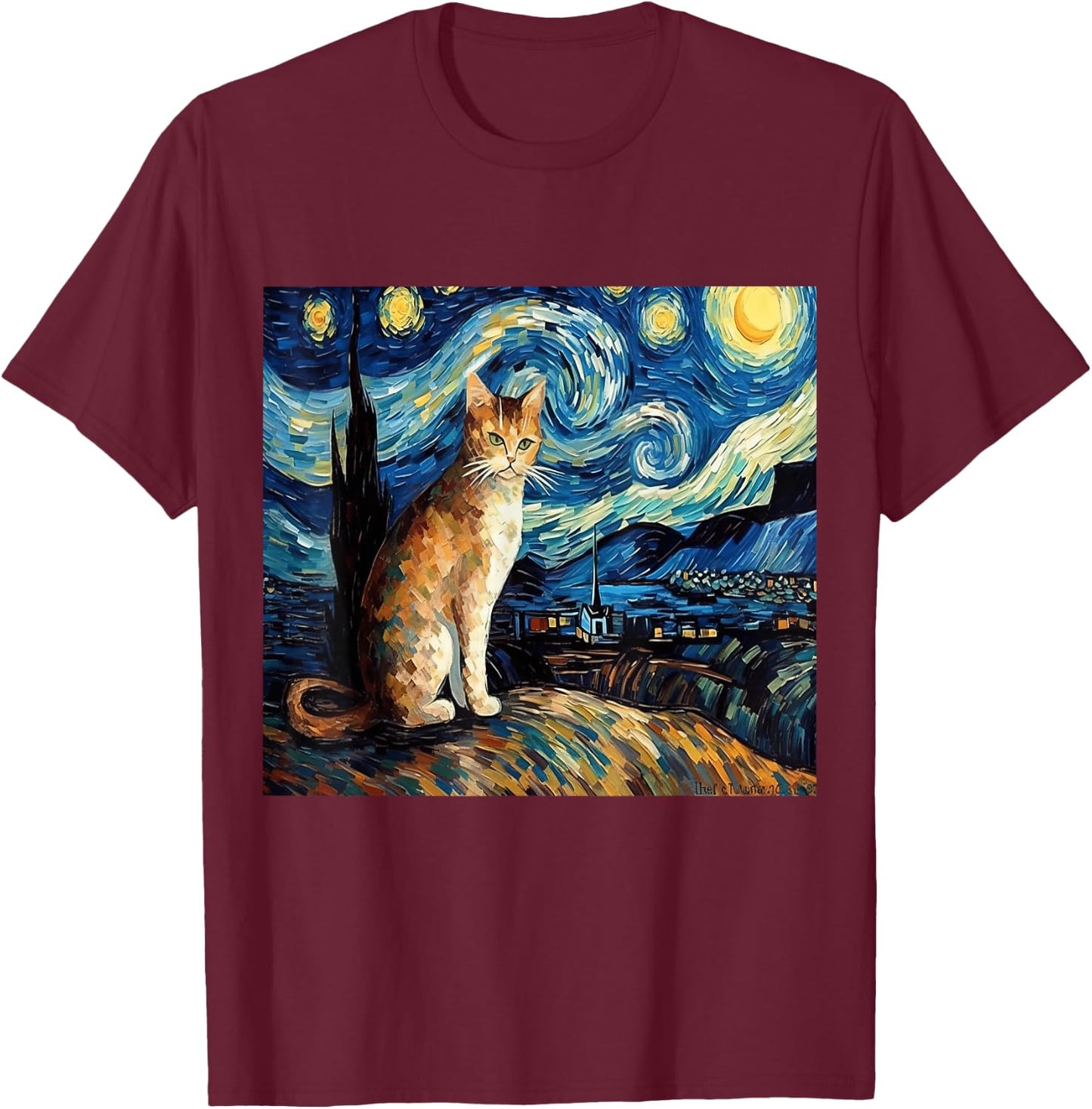 Calico Cat Starry Night Moon And Stars Art Women Kids T-Shirt - T-Shirt | Maroon