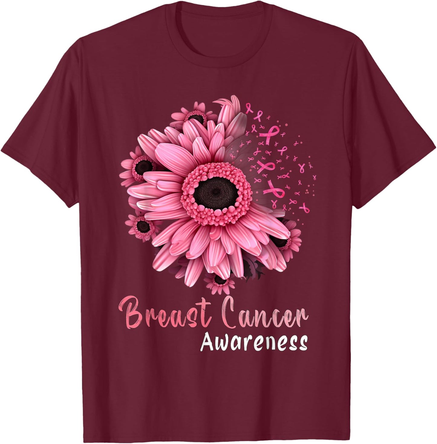 Sunflower Breast Cancer Awareness Pink Ribbon In October T-Shirt - T-Shirt | Maroon