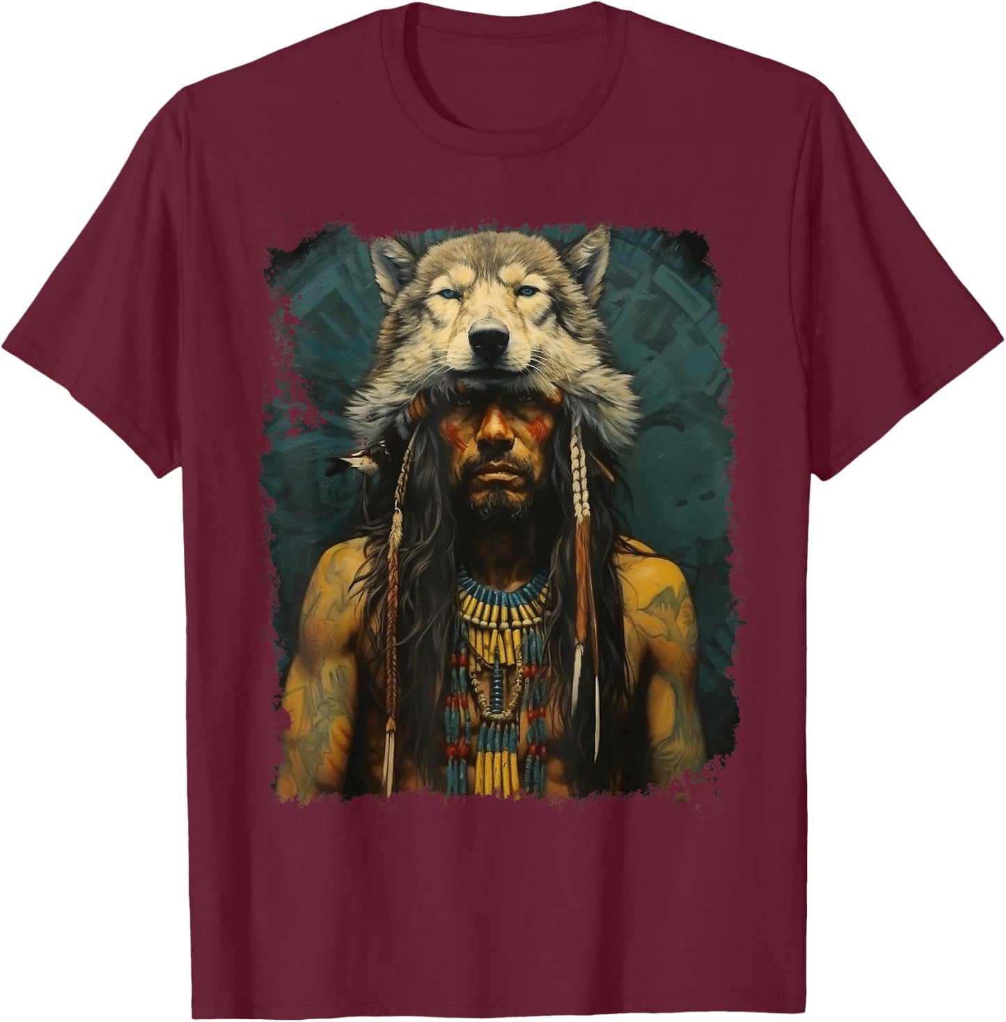 Wolf Native American Man T-Shirt - T-Shirt | Maroon