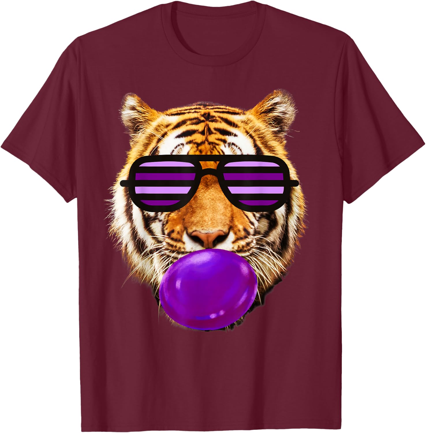 Purple bubble Gum tiger Stripe Cute Tiger face women T-Shirt - T-Shirt | Maroon