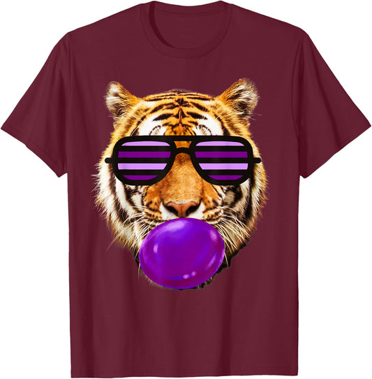 Purple bubble Gum tiger Stripe Cute Tiger face women T-Shirt - T-Shirt | Maroon