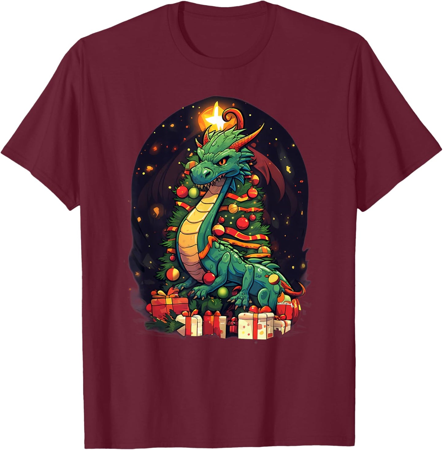 Xmas Dragon Pile Up Christmas Tree T-Shirt - T-Shirt | Maroon