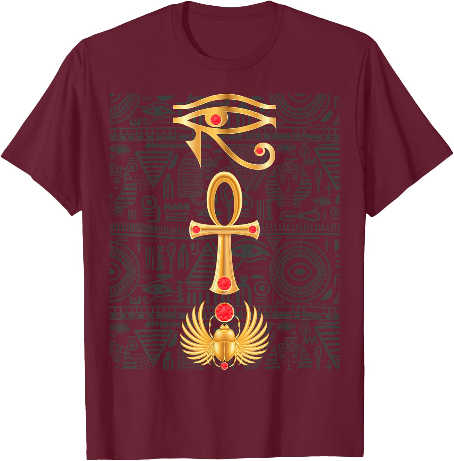 Eye of Horus Cross Ankh Scarab Hieroglyphs Ancient Egypt T-Shirt - T-Shirt | Maroon