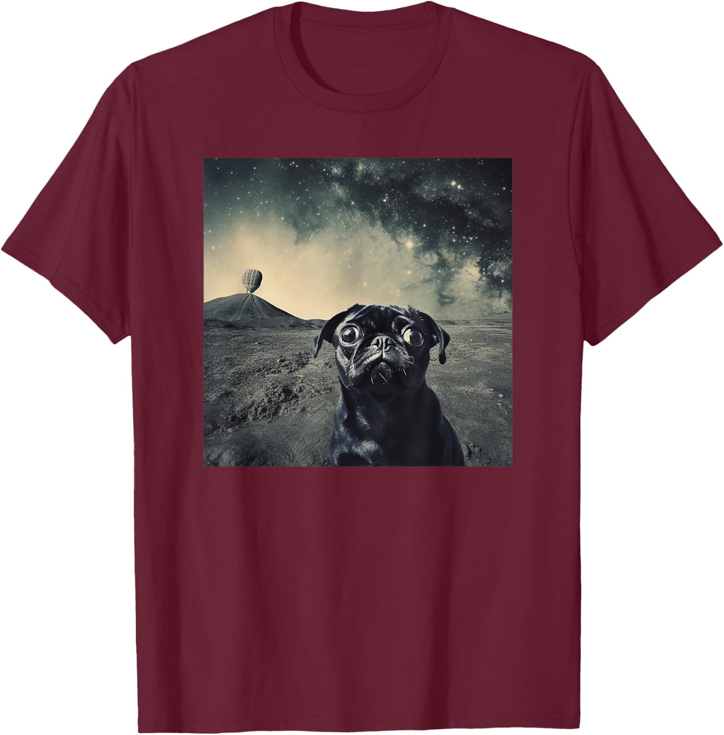 Cute Pug Puppy in Space Funny T-Shirt - T-Shirt | Maroon