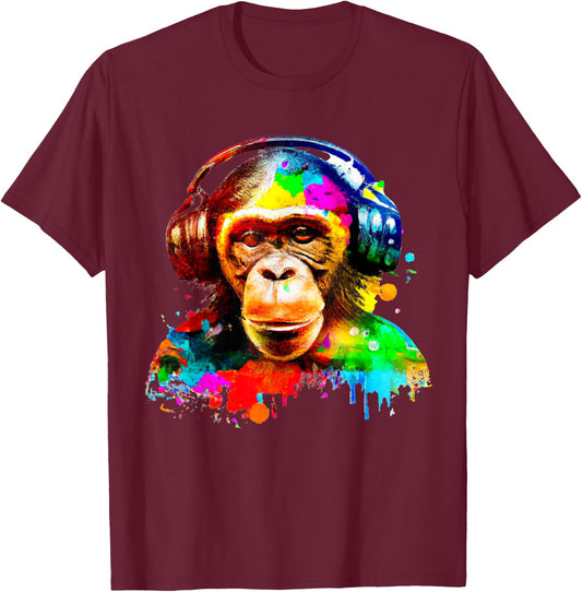 Chimpanzee With Headphones T-Shirt - T-Shirt | Maroon