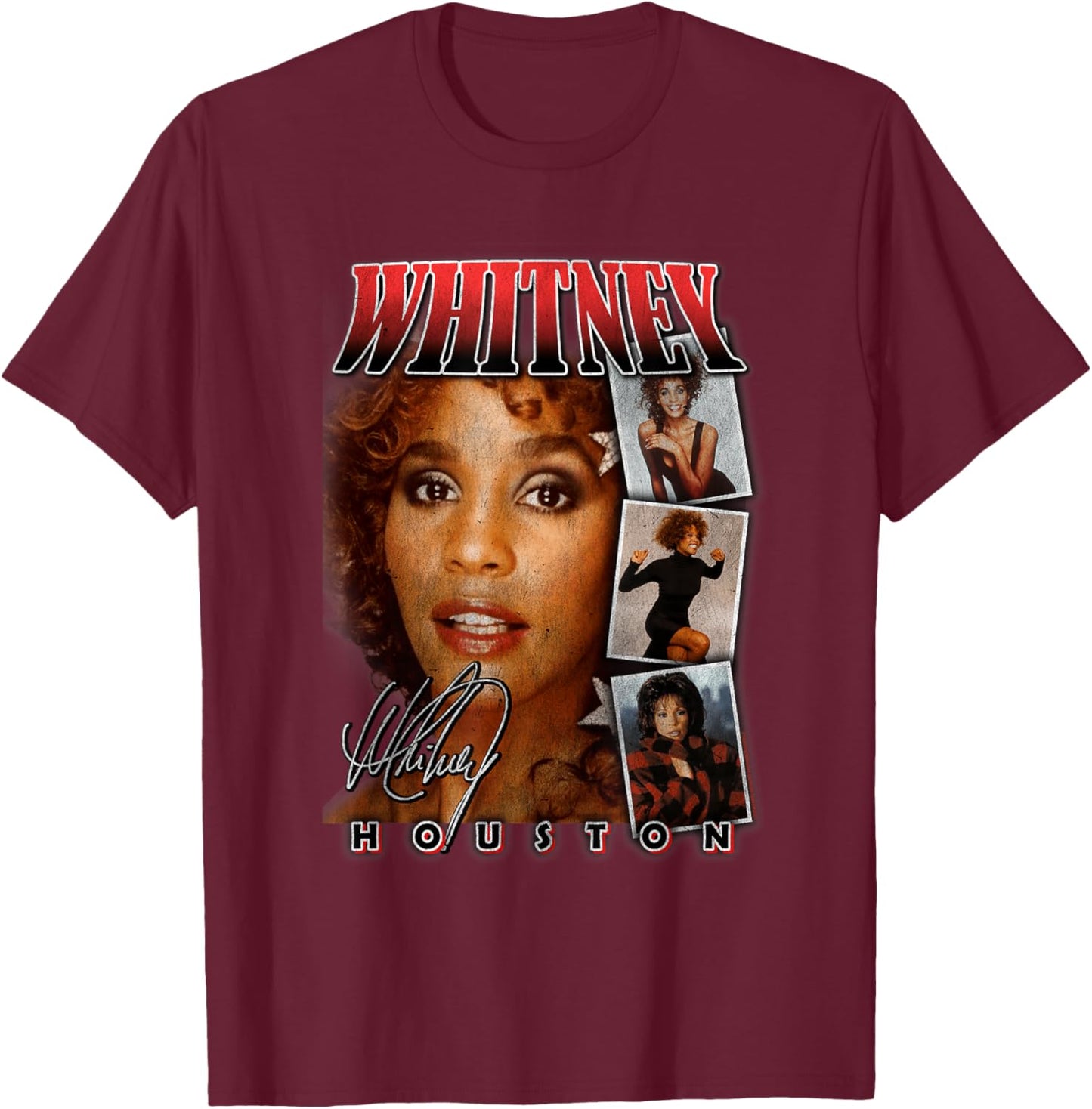 Whitney Houston Photo Collage with Signature T-Shirt - T-Shirt | Maroon