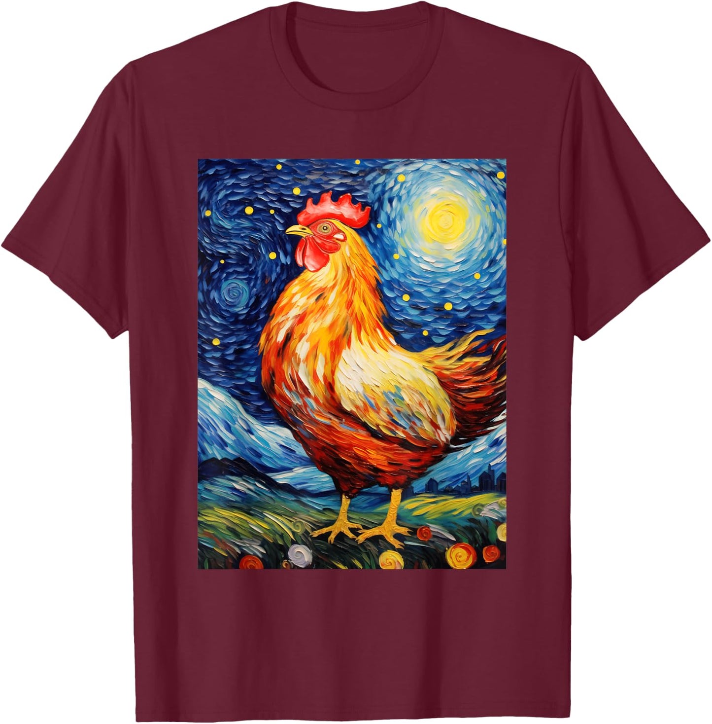 Chicken Starry Night Van Gogh Style Graphic T-Shirt - T-Shirt | Maroon