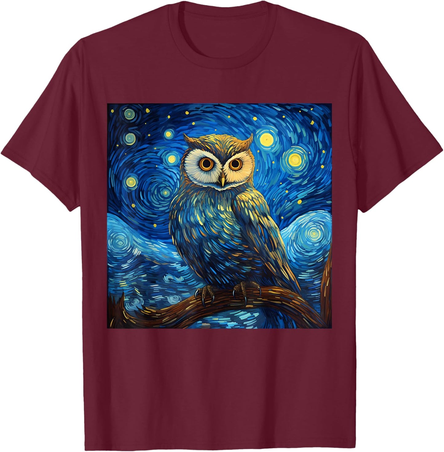 Surreal Starry Night Owl T-Shirt - T-Shirt | Maroon