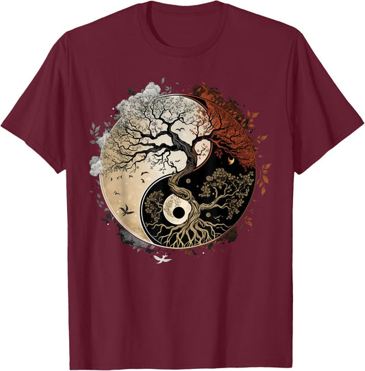 Tree of Life on buddhist Yin Yang Meditation T-Shirt - T-Shirt | Maroon