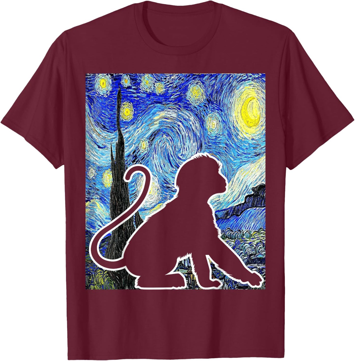 Funny Monkey Van Gogh Famous Painting Monkey Starry Night Monkey Lover - Black, -Adults & Kids, Short Sleeve, Classic Fit, , Small T-Shirt - T-Shirt | Maroon