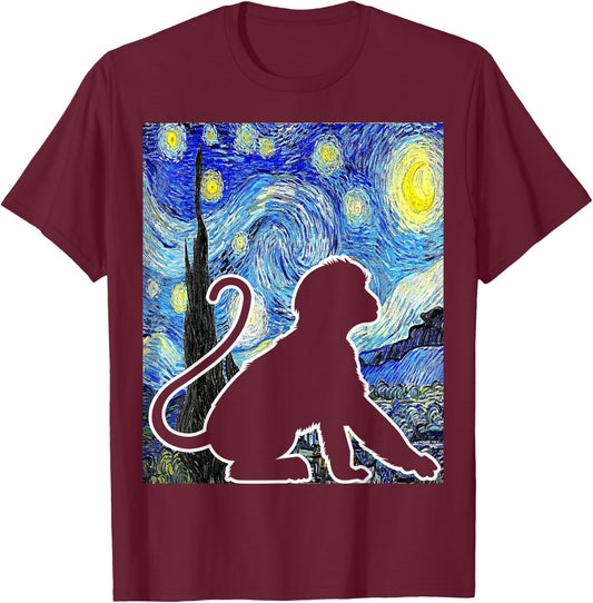 Funny Monkey Van Gogh Famous Painting Monkey Starry Night Monkey Lover - Black, -Adults & Kids, Short Sleeve, Classic Fit, , Small T-Shirt - T-Shirt | Maroon