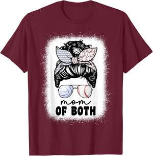 Mom Of Both Volleyball And Baseball Mom Messy Bun T-Shirt - T-Shirt | Maroon
