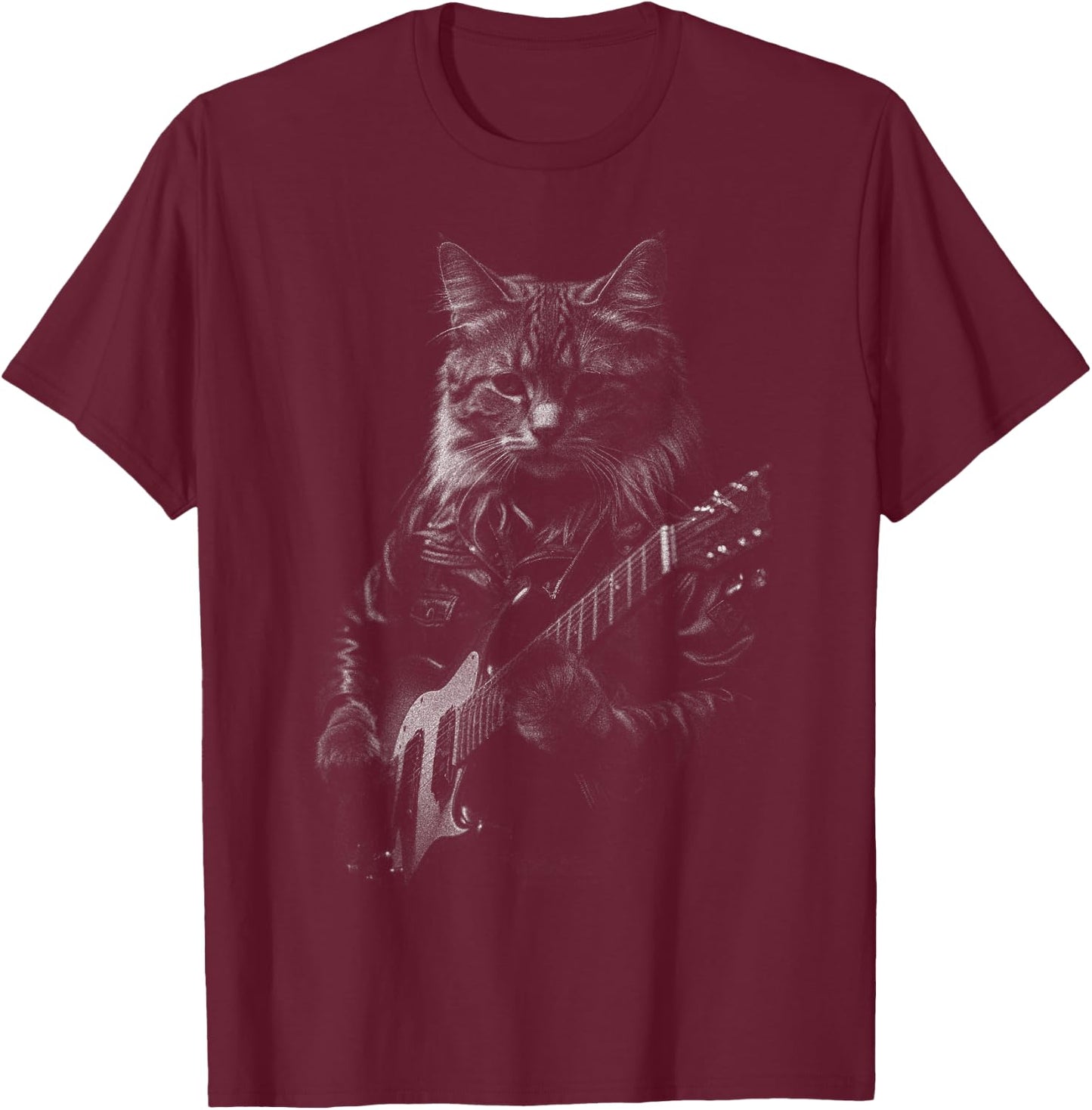 Rock Cat Playing Guitar - Funny Guitar Cat T-Shirt - T-Shirt | Maroon