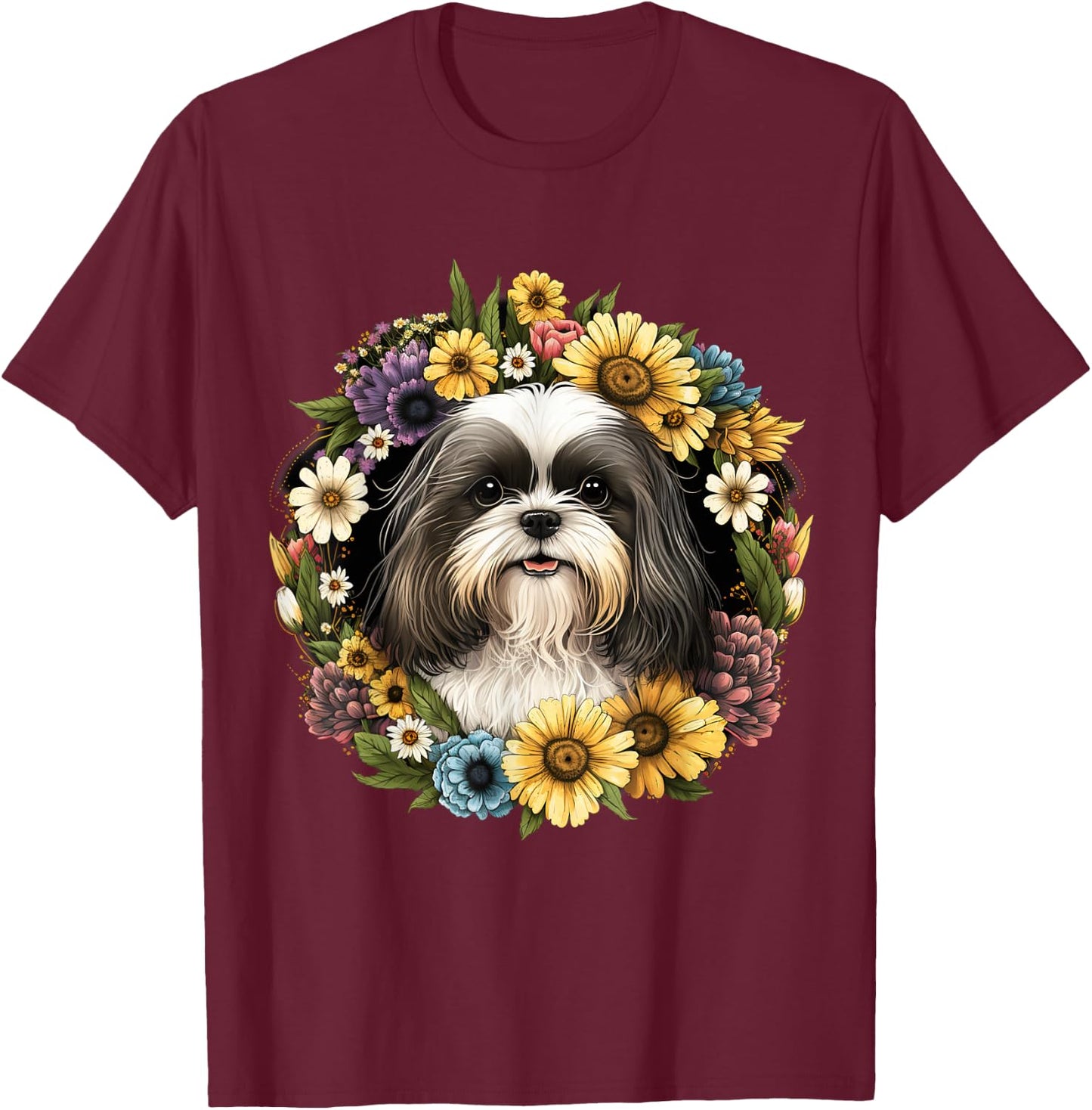 Sunflower Hippie Floral Shih Tzu Dog Men Women Kids T-Shirt - T-Shirt | Maroon
