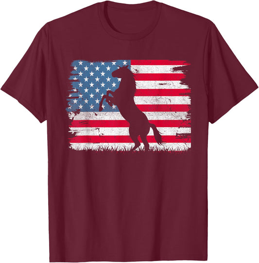 Horse American Flag USA 4th of July Men Women Boys Girls T-Shirt - T-Shirt | Maroon