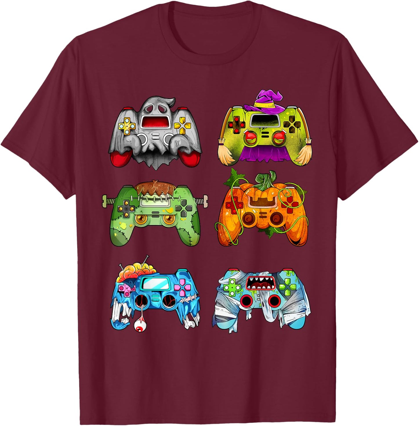 Halloween Pumpkin Witch Gaming Controllers Zombie Boys Kids T-Shirt - T-Shirt | Maroon