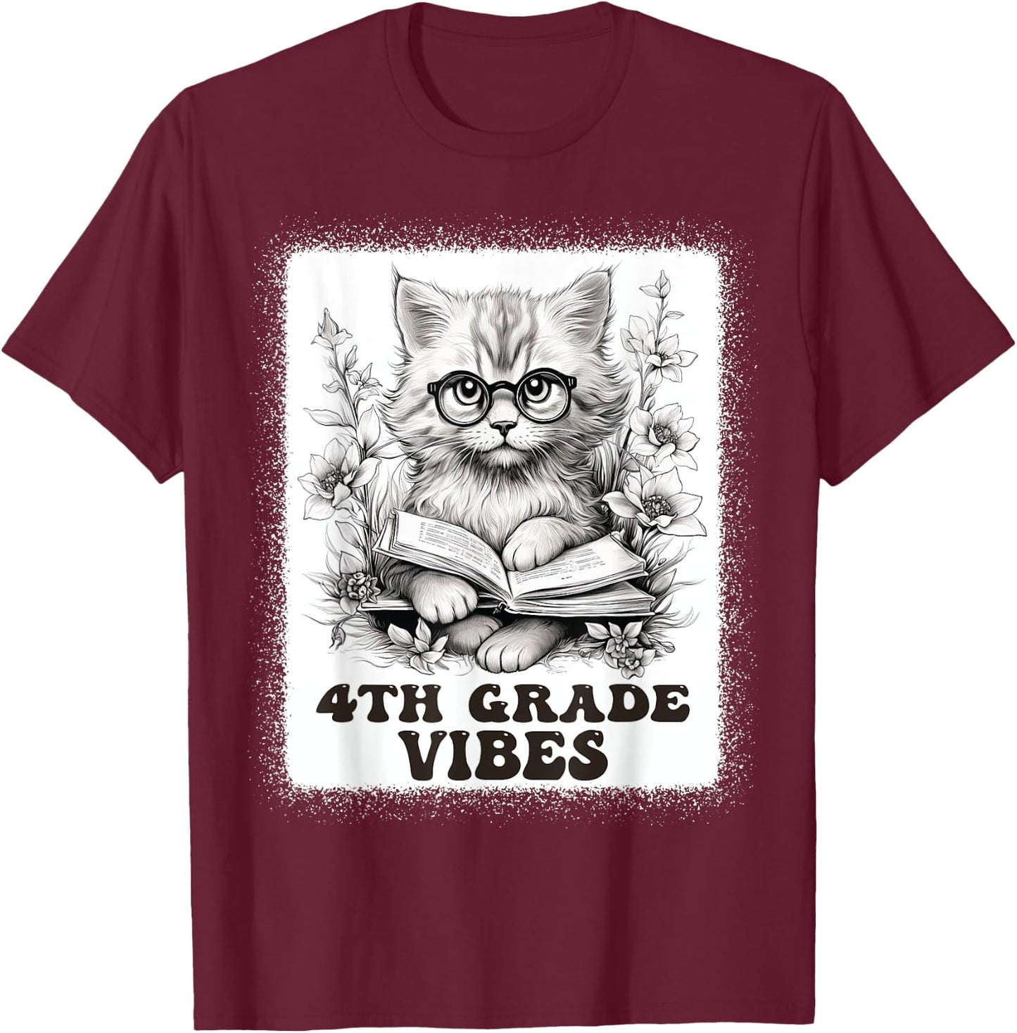 fourth Grade Vibes - 4th Grade Cat Reading 1st Day Of School T-Shirt - T-Shirt | Maroon