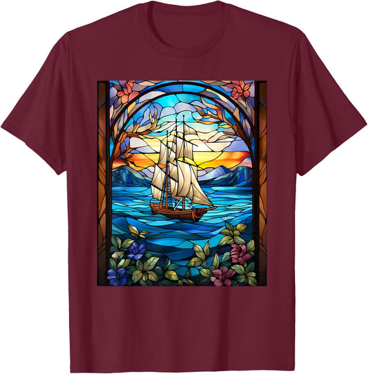 Stained Glass Style Sailing T-Shirt - T-Shirt | Maroon