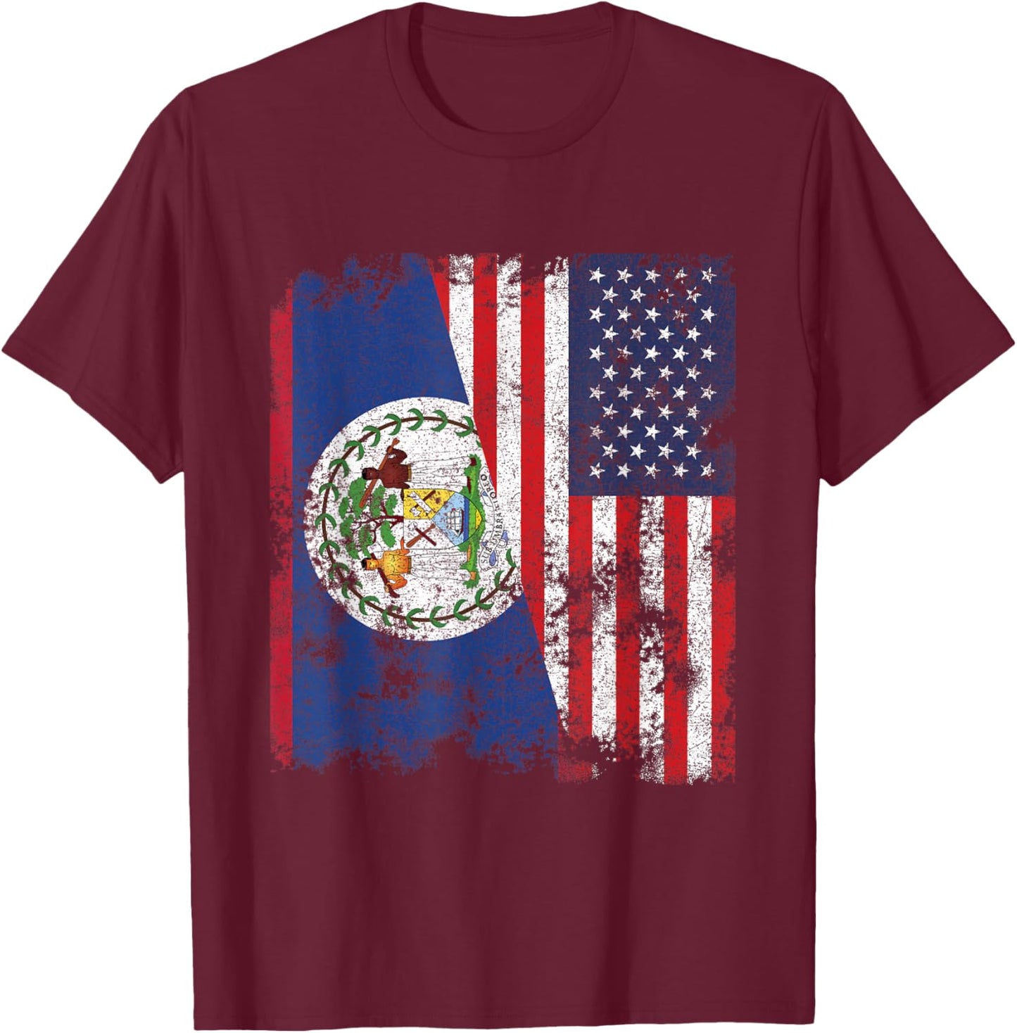 Belize USA Flag Distressed - Half American T-Shirt - T-Shirt | Maroon