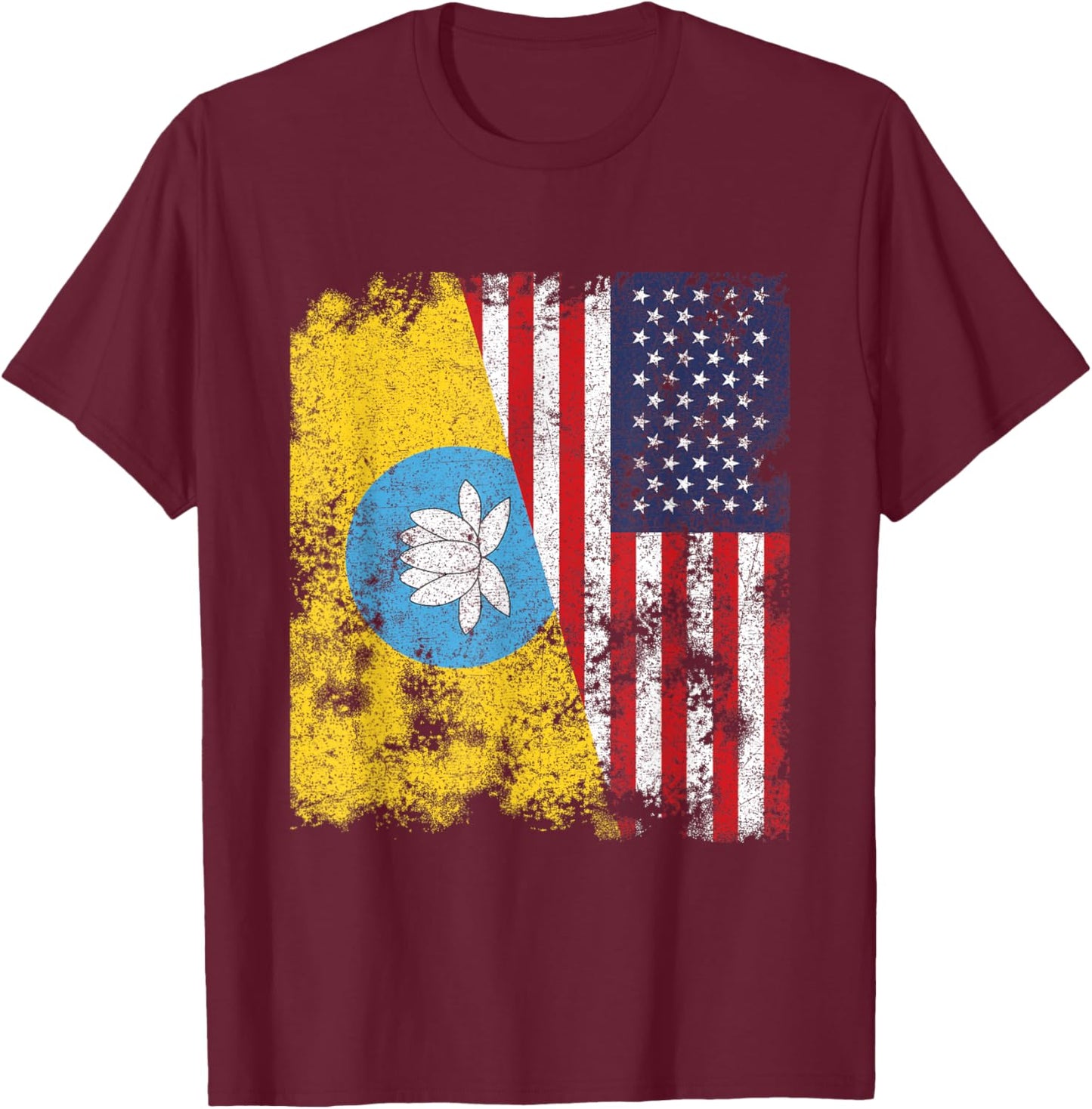 Kalmykia USA Flag Distressed - Half American Women Kids Men T-Shirt - T-Shirt | Maroon