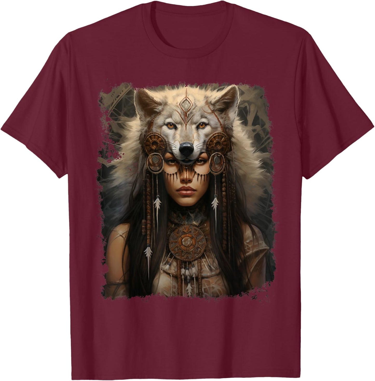 Indian Woman Wolf T-Shirt - T-Shirt | Maroon