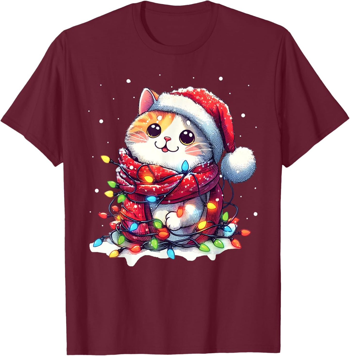 Funny Santa Cat Tangled Up in Christmas Lights Holiday Xmas Men Women Kids T-Shirt - T-Shirt | Maroon