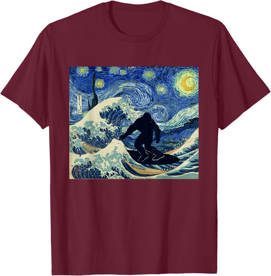 Starry Night Bigfoot Surfing Great Wave Off Kanagawa T-Shirt - T-Shirt | Maroon