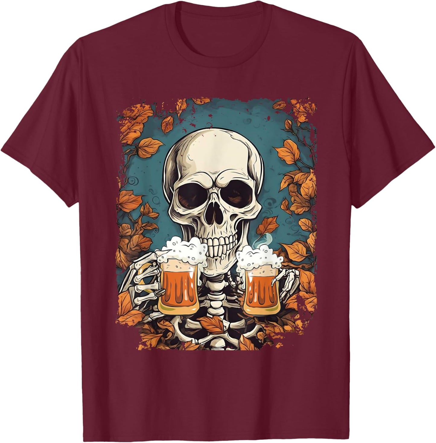Skeleton Drinking Beer Retro Halloween Costume Beer Drink T-Shirt - T-Shirt | Maroon