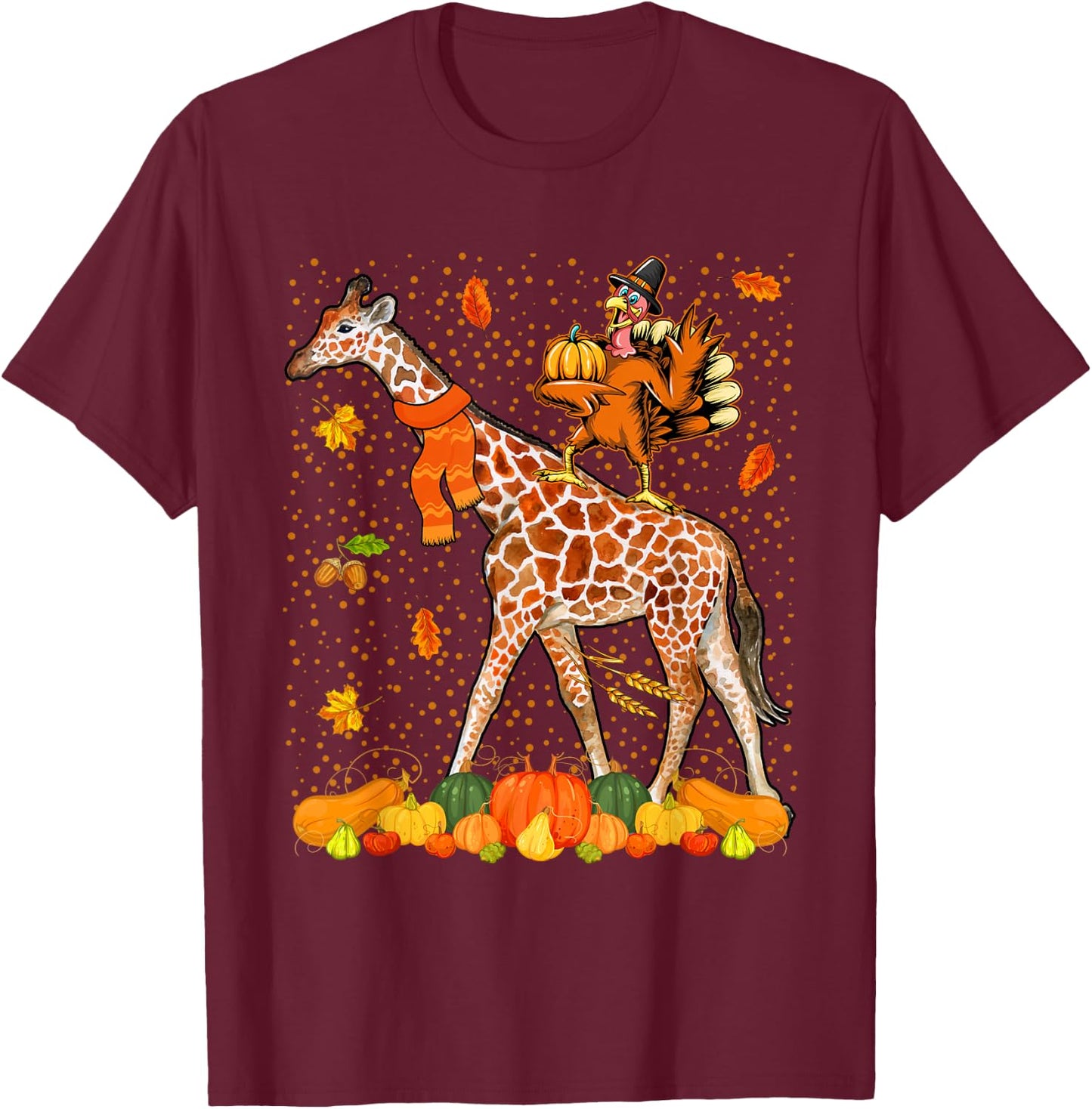 Wild Animal Thanksgiving Costume Thanksgiving Turkey Riding Giraffe With Fall Pumpkins -Adults Black Small Classic Fit Short Sleeve Cotton, Polyester Thanksgiving-themed T-Shirt - T-Shirt | Maroon