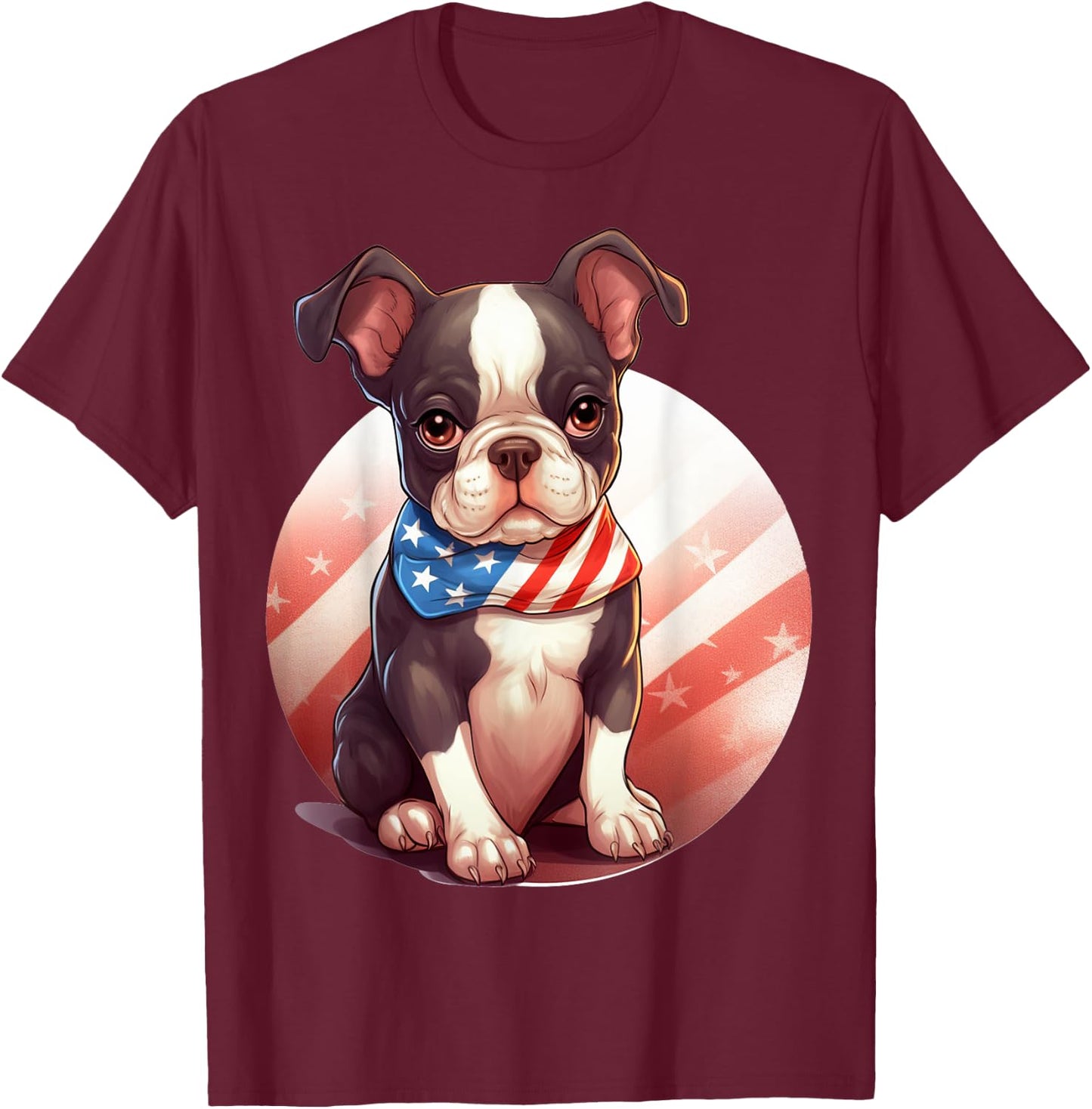 Brown Boston Terrier Puppy Dog American Flag 4th of July T-Shirt - T-Shirt | Maroon