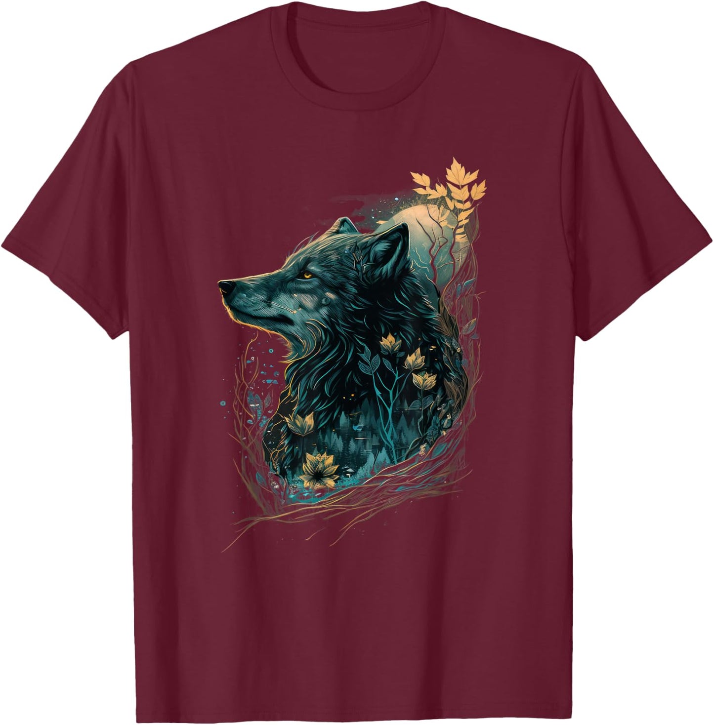 Fairycore Floral Wolf | Aesthetic Girls Dark Grunge Wolves T-Shirt - T-Shirt | Maroon