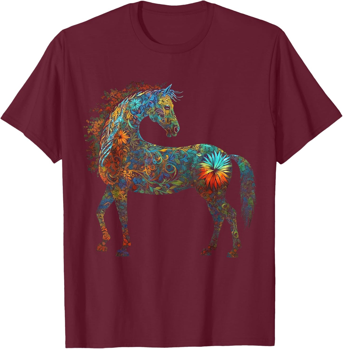 Horse Mandala Lover Artwork | Flowers Animal Motif Horse T-Shirt - T-Shirt | Maroon