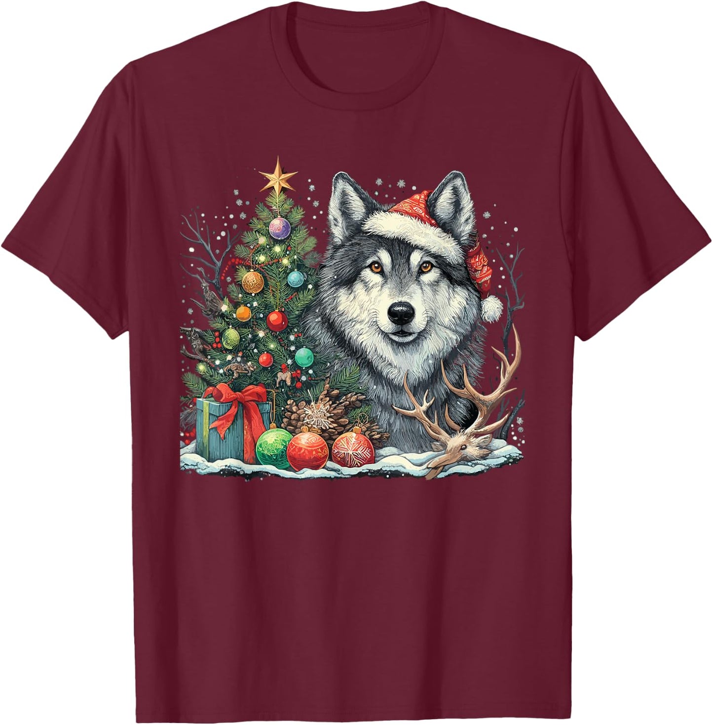 Cute Wolf With Christmas tree Wearing Santa Hat T-Shirt - T-Shirt | Maroon