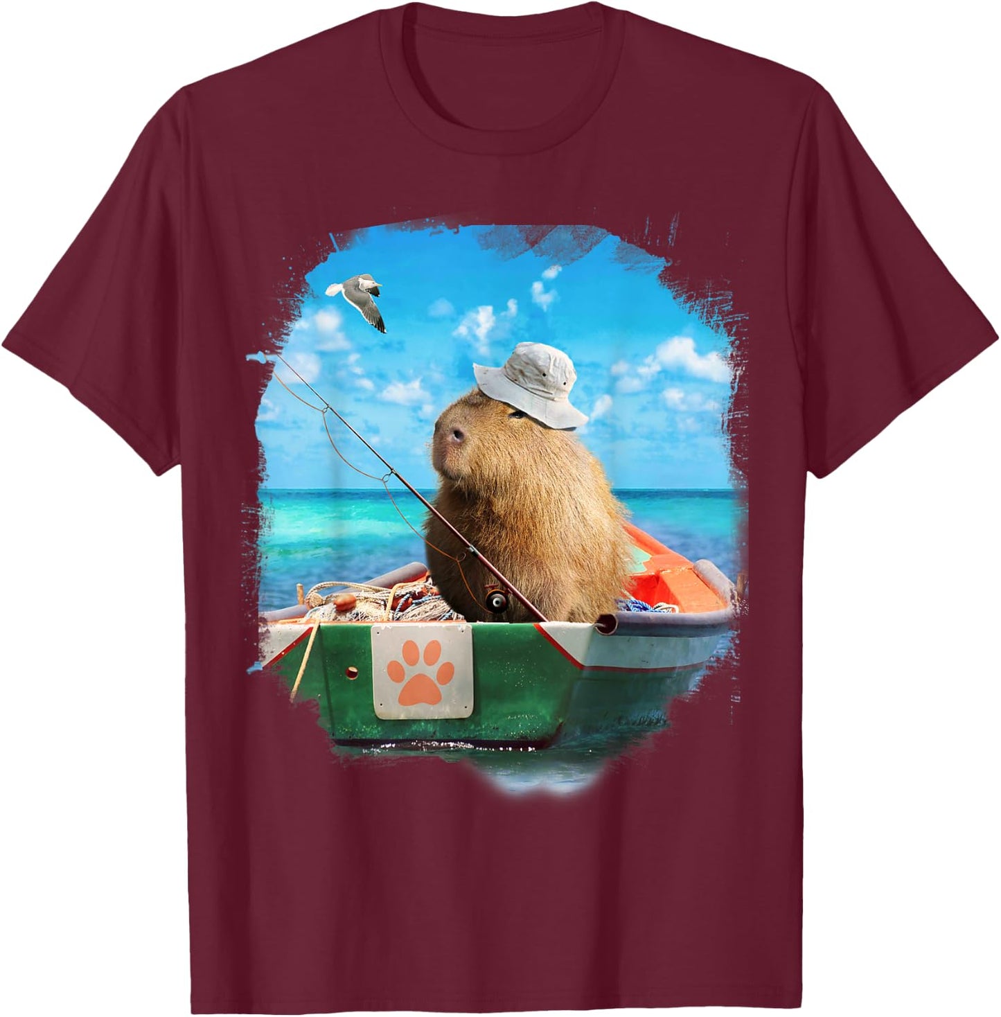 Capybara On Fishing Boat Funny T-Shirt - T-Shirt | Maroon