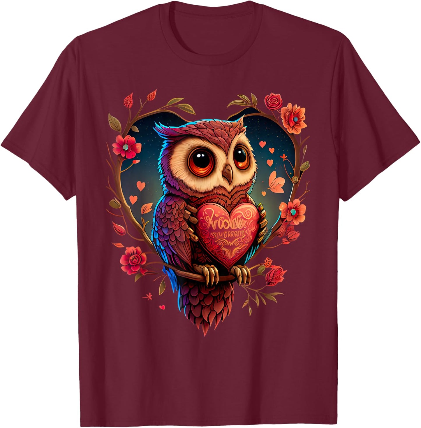 Cute Owl Lover Valentines Day Cute Owl Art Animal Graphic T-Shirt - T-Shirt | Maroon