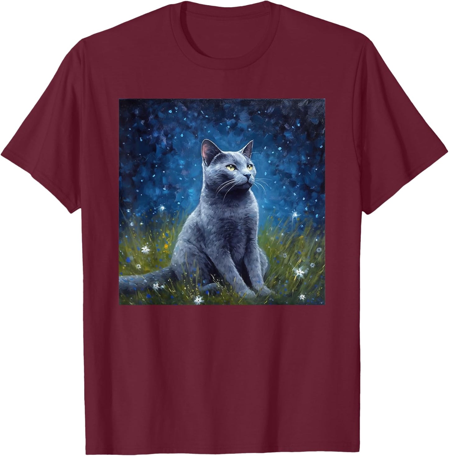Cute Russian Blue Cat In A Starry Sky Night Painting T-Shirt - T-Shirt | Maroon