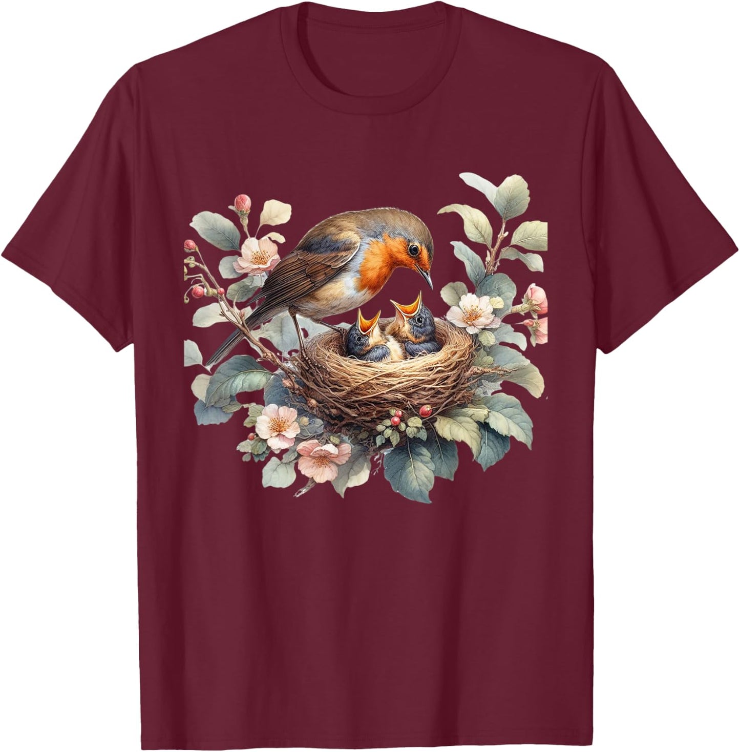 Mother Robin and Baby Robin Nestlings Ornithology T-Shirt - T-Shirt | Maroon