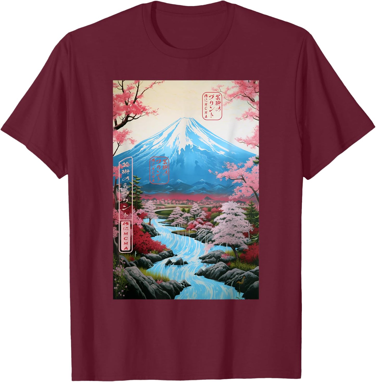 Ukiyo-e Cherry Blossom Mount Fuji Serenity Japanese T-Shirt - T-Shirt | Maroon