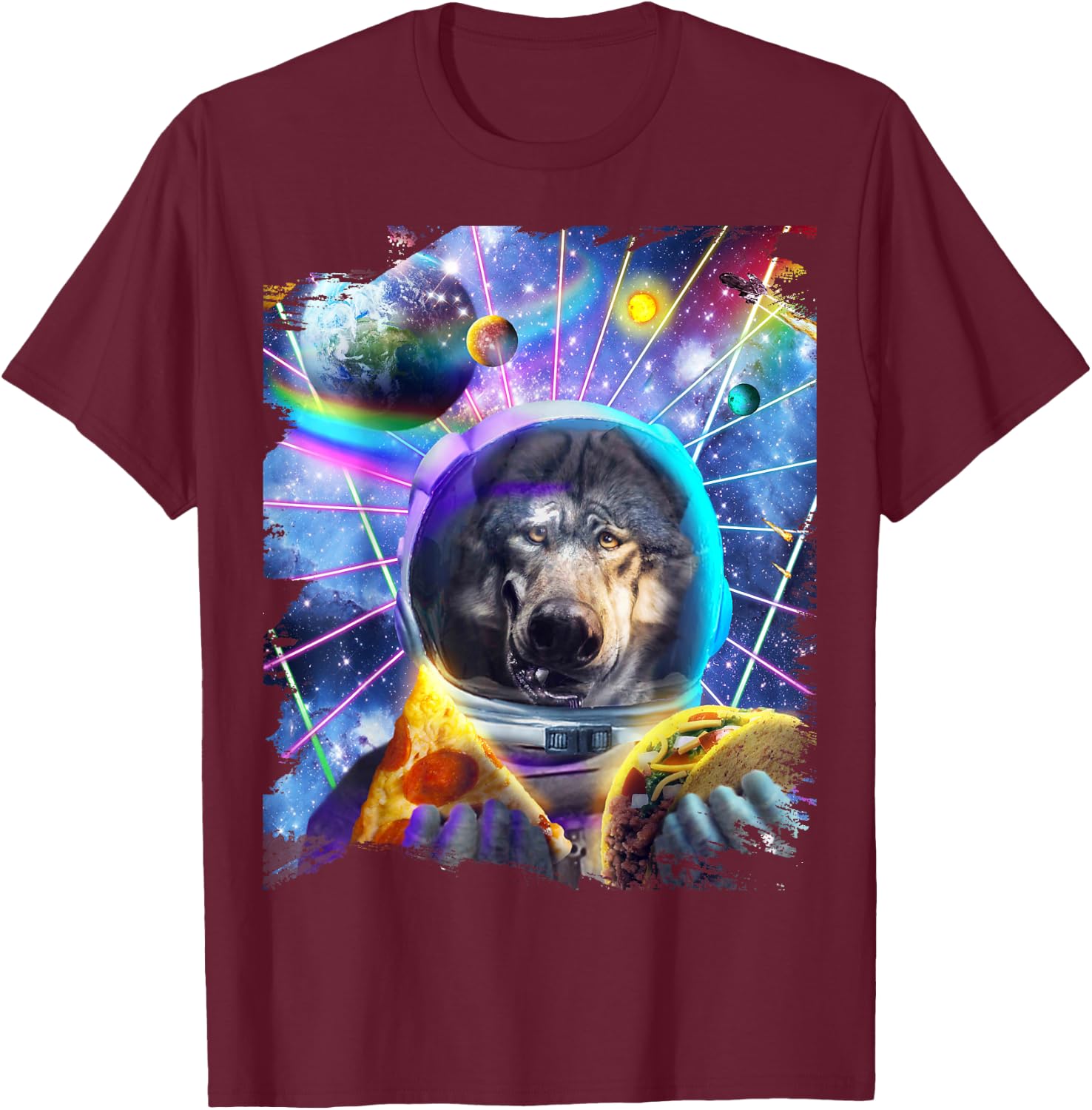 Wolf Astronaut In Space Eating Pizza Taco T-Shirt - T-Shirt | Maroon