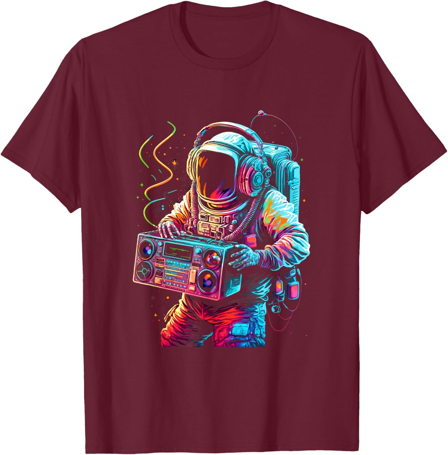 Funky Boombox Astronaut in Space Graphic and Teens T-Shirt - T-Shirt | Maroon