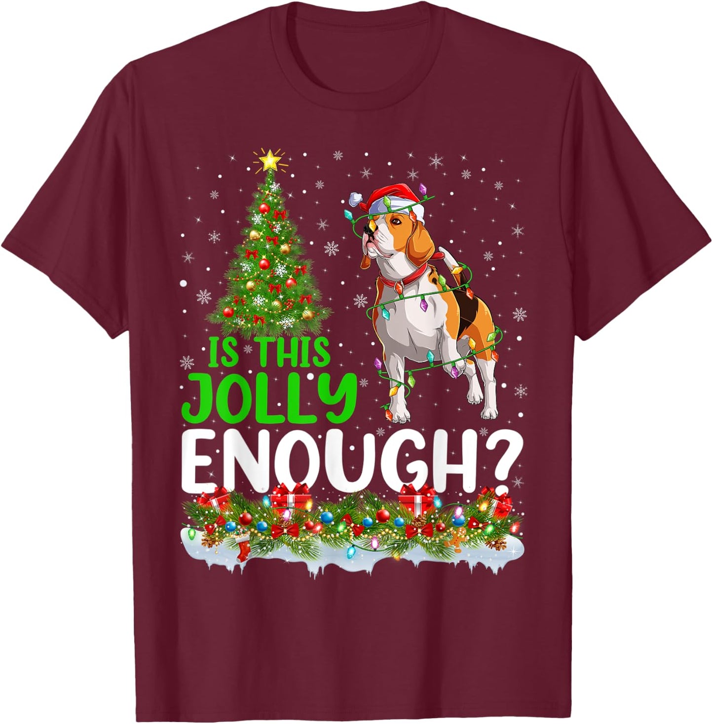 Is This Jolly Enough Santa Beagle Dog Christmas Tree T-Shirt - T-Shirt | Maroon