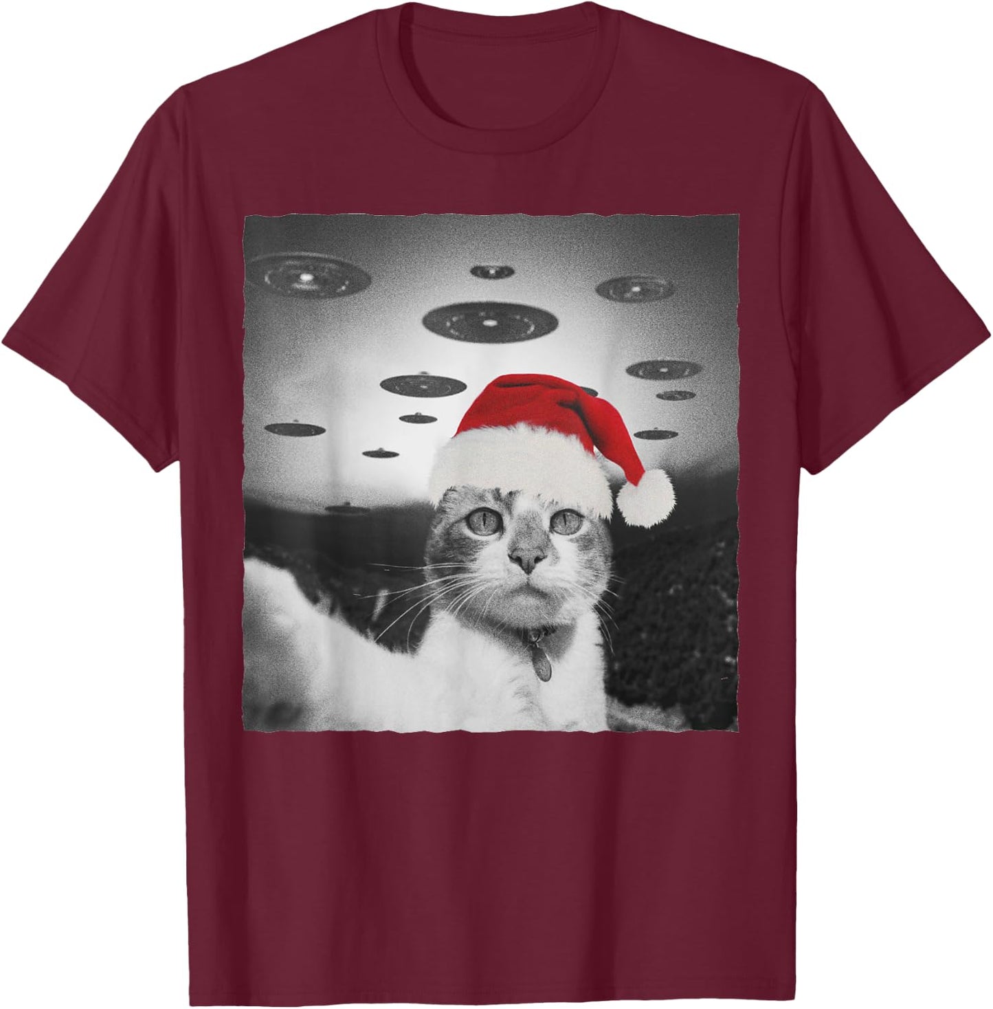 Funny Christmas Cat wear Santa Hat selfie with Alien UFO Men Women Kids T-Shirt - T-Shirt | Maroon