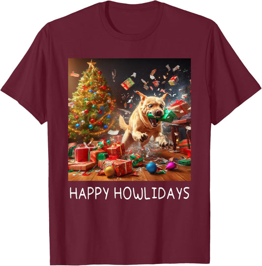Funny Crazy Chaotic Dog Under The Tree Cute Happy Howlidays T-Shirt - T-Shirt | Maroon