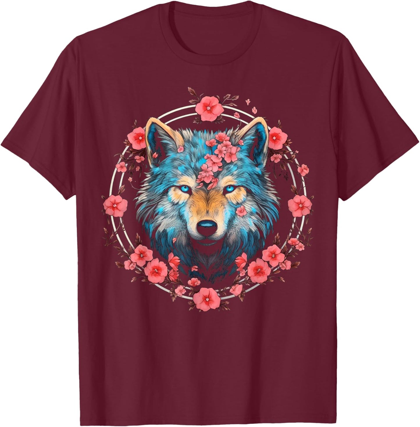 Wolf Blue Eyes Artwork | Cherry Blossoms Wolf T-Shirt - T-Shirt | Maroon