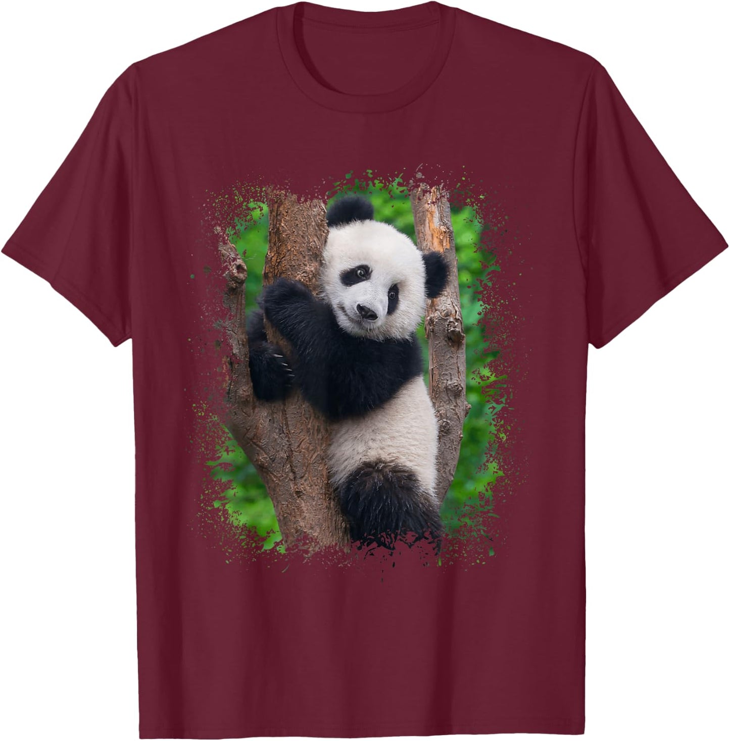 Panda Portrait Splatter Photo Asian Zoo Animal T-Shirt - T-Shirt | Maroon