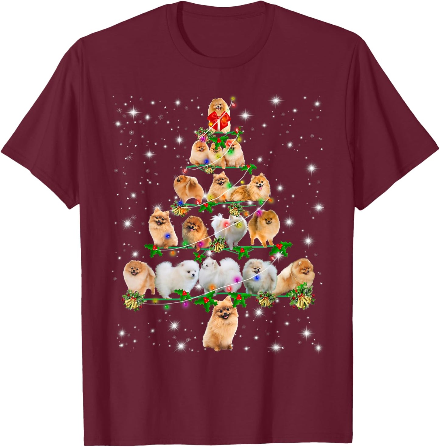 Pomeranian Christmas Tree Lights Funny Lover Dog Pajamas Women Kids T-Shirt - T-Shirt | Maroon