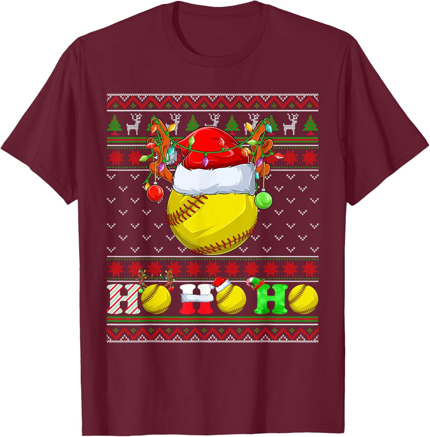 Funny Softball Ball Xmas Tree Lights Ugly Christmas Sweater T-Shirt - T-Shirt | Maroon